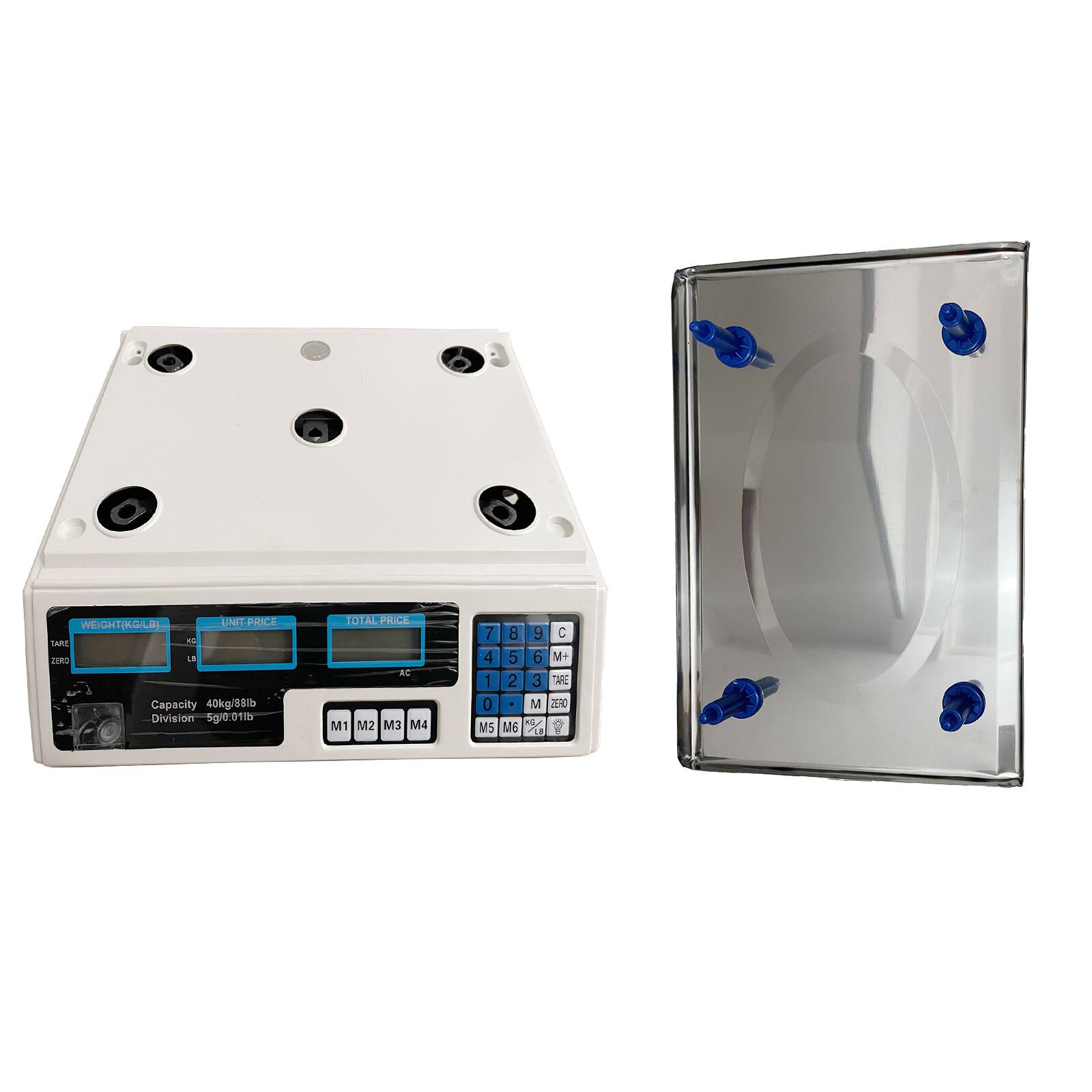 Sure, here is the corrected and grouped text from the image:

---

**WEIGHT (KG/LB)**  
**UNIT PRICE**  
**TOTAL PRICE**

**Capacity 40kg/88lb**  
**Division 5g/0.01lb**

**M1 M2 M3 M4**  
**M5 M6**

**Buttons:**
- TARE
- ZERO
- AC
- C
- M+
- M-
- M1
- M2
- M3
- M4
- M5
- M6
- %

**Numeric Keypad:**
- 7 8 9
- 4 5 6
- 1 2 3
- 0

---

This text is organized based on the layout and labels visible on the scale's display and keypad.