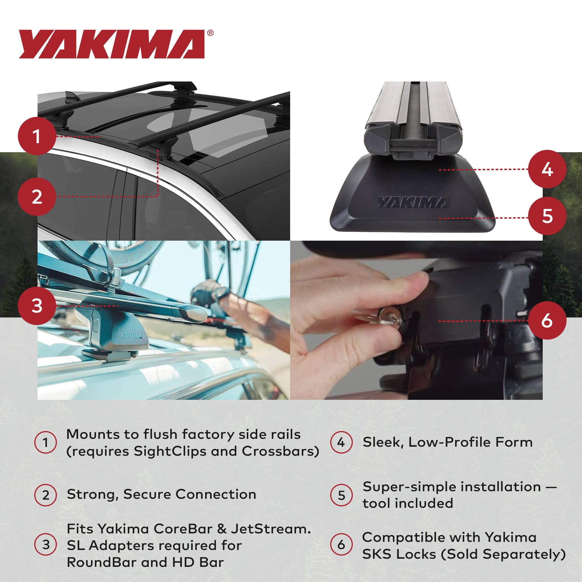 YAKIMA

1. Mounts to flush factory side rails (requires SightClips and Crossbars)
2. Strong, Secure Connection
3. Fits Yakima CoreBar & JetStream. SL Adapters required for RoundBar and HD Bar
4. Sleek, Low-Profile Form
5. Super-simple installation – tool included
6. Compatible with Yakima SKS Locks (Sold Separately)