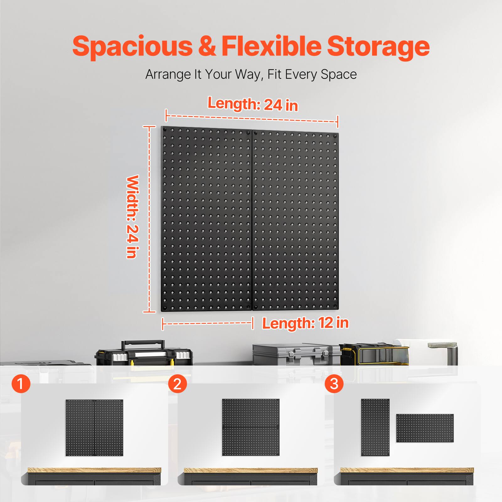 Spacious & Flexible Storage  
Arrange It Your Way, Fit Every Space  

Length: 24 in  
Width: 24 in  
Length: 12 in  

1  
2  
3