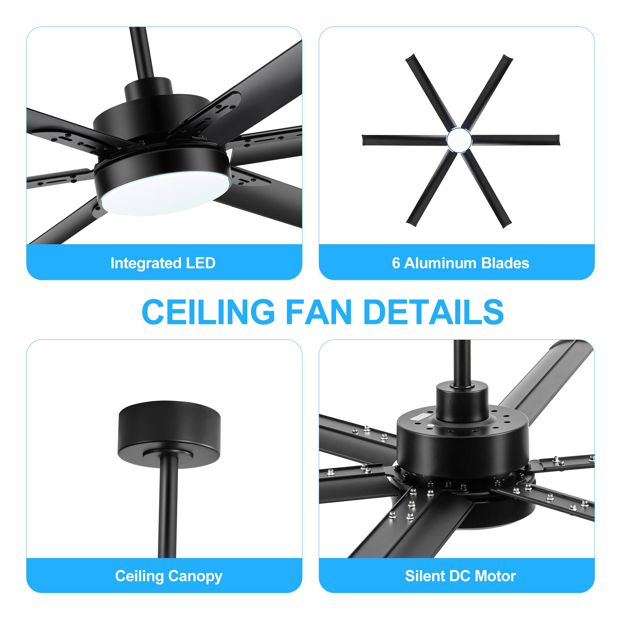 Integrated LED, 6 Aluminum Blades, Ceiling Canopy, Silent DC Motor