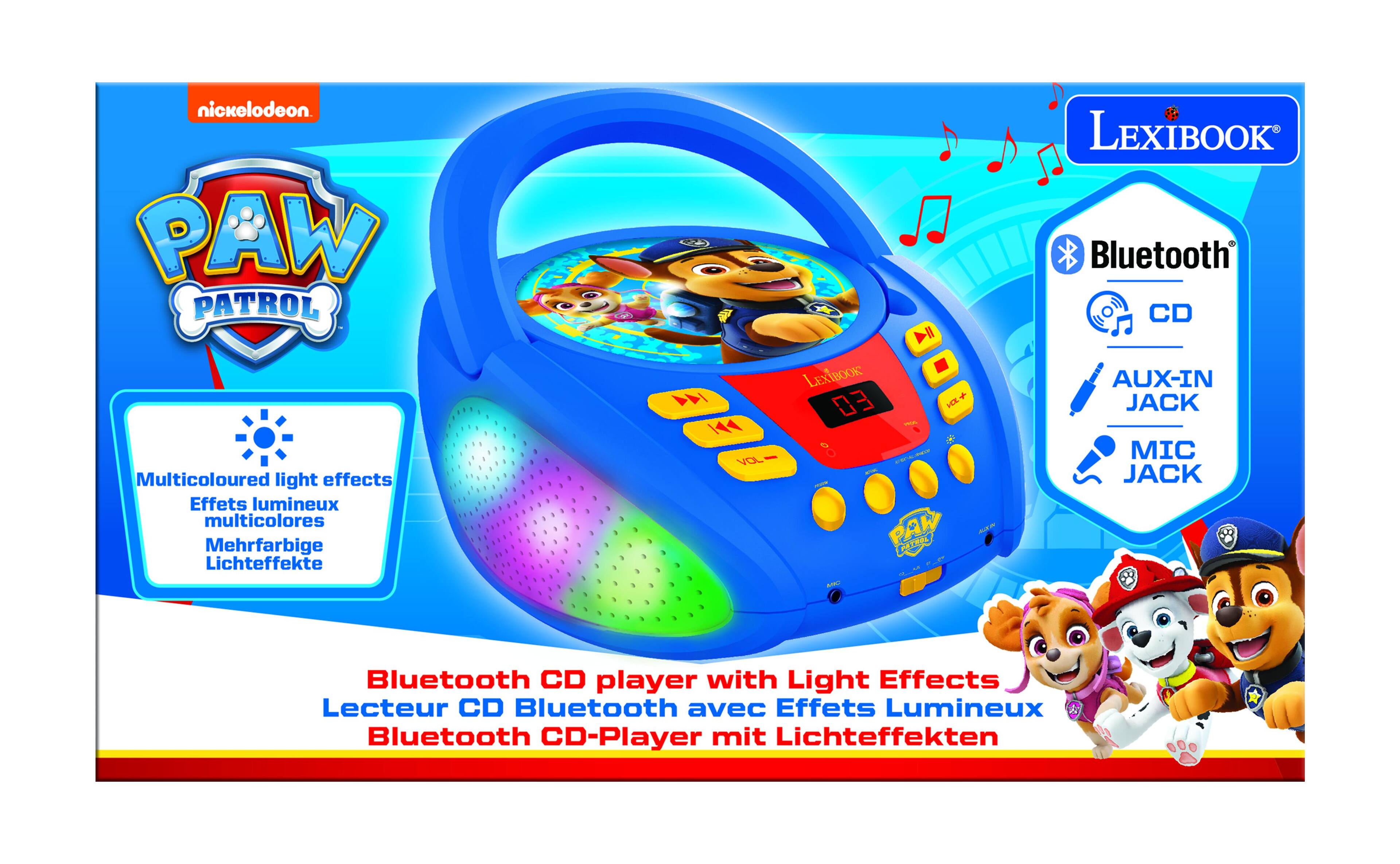 nickelodeon. PAW PATROL Multicoloured light effects Effets lumineux multicolores Mehrfarbige Lichteffekte 14 111 VOL LEXTBOOK EO + ME - - - PAR GTS M LEXIBOOK Bluetooth CD AUX-IN JACK MIC JACK Bluetooth CD player with Light Effects Lecteur CD Bluetooth avec Effets Lumineux Bluetooth CD-Player mit Lichteffekten