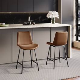POVISON - 24" Brown Counter Height Bar Stools Set of 2, Height PU Leather Bar Stools with Back and Metal Legs for Kitchen Island - Brown PU Leather