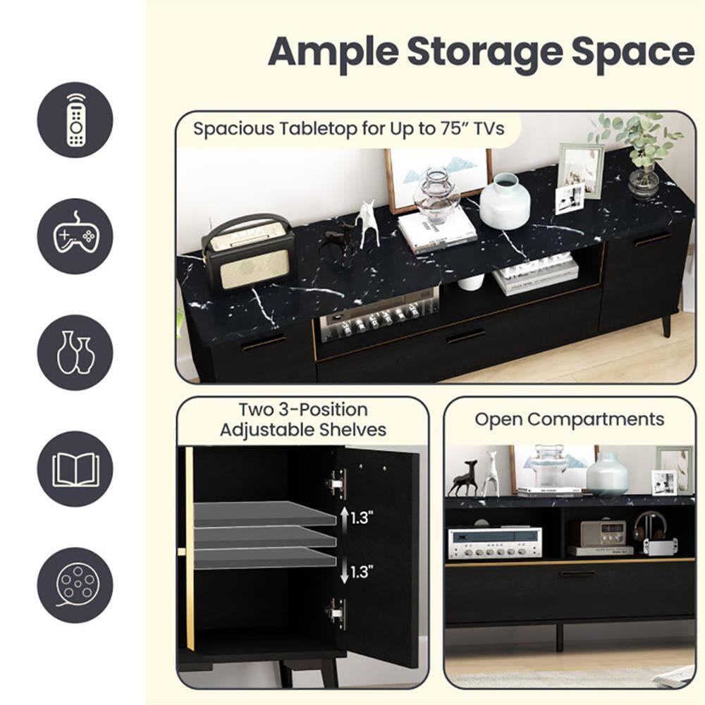 Ample Storage Space  
Spacious Tabletop for Up to 75" TVs  
Two 3-Position Adjustable Shelves  
Open Compartments  
1.3"  
1.3"
