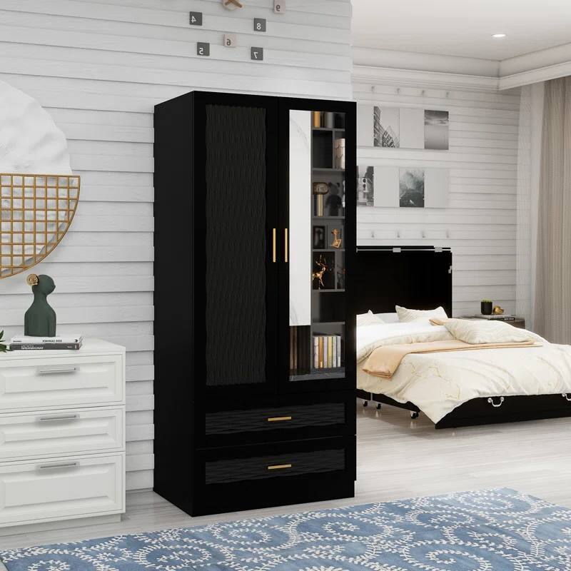 Left. Hivvago - Black Wardrobe Armoire Cabinet with Mirror Hanging Rod and Storage Drawers - Black.