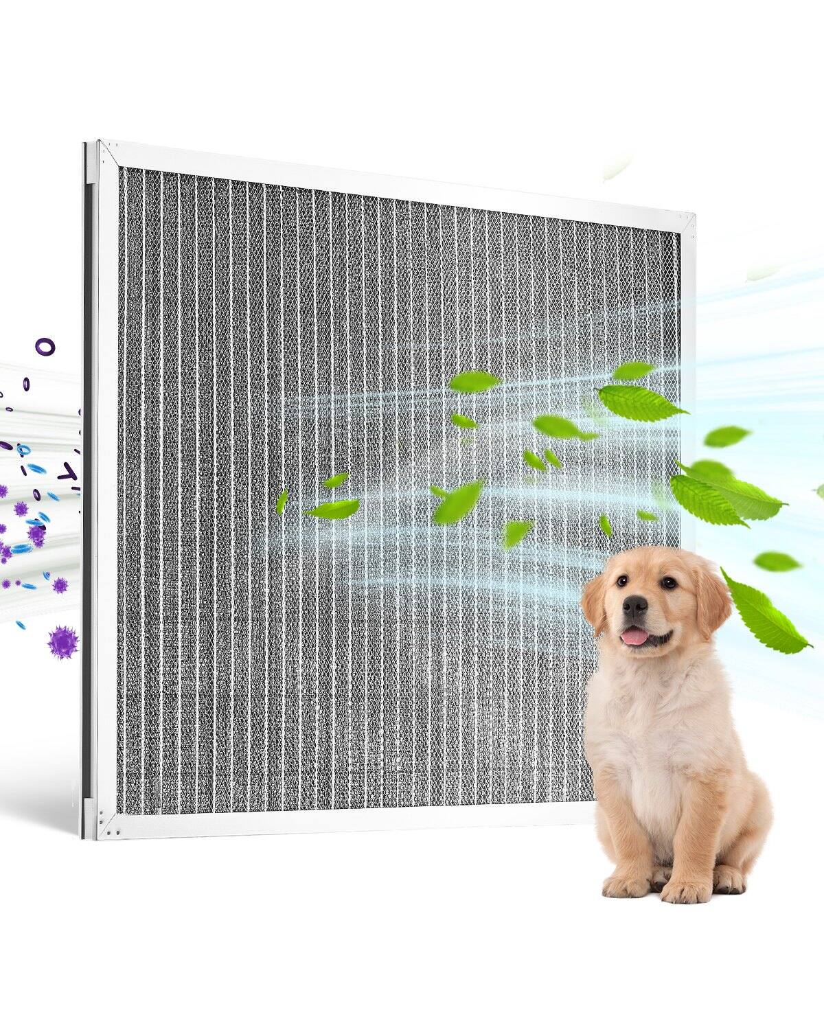 Front. Glintex - Electrostatic Air Filter, 20x25x1 inch Washable Reusable Aluminum HVAC Filter MERV 8, Home Office Dust Odor Control - Silver.