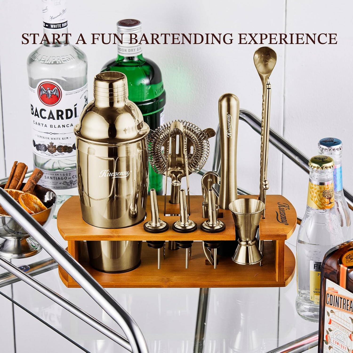 START A FUN BARTENDING EXPERIENCE

WHITE RS
BACARDÍ CARTA BLANCA
SUPERIOR WHITE RUM
SANTIAGO DE CUBA
EST. 1862

BON DRY GIN
LEMPRESA

COINTREAU