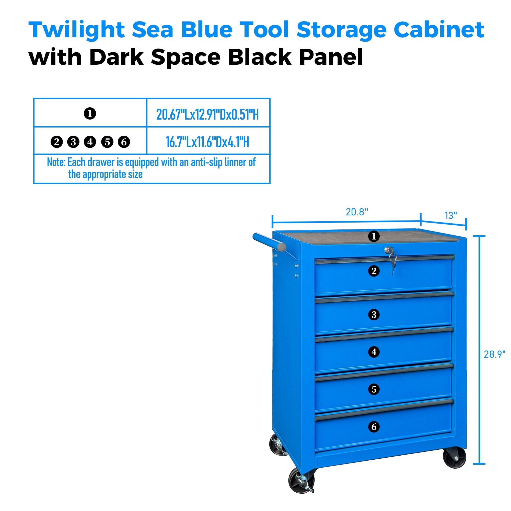 Twilight Sea Blue Tool Storage Cabinet with Dark Space Black Panel

1. 20.67"Lx12.91"Dx0.51"H
2. 3. 4. 5. 6. 16.7"Lx11.6"Dx4.1"H

Note: Each drawer is equipped with an anti-slip liner of the appropriate size

20.8" 13" 28.9"