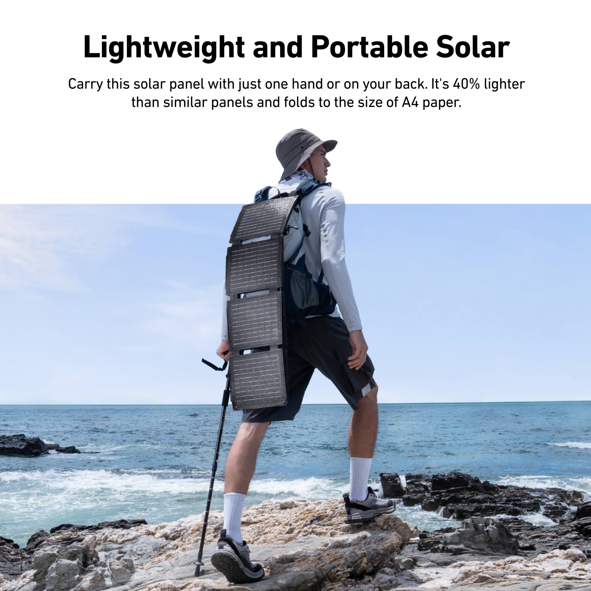 Lightweight and Portable Solar

Carry this solar panel with just one hand or on your back. It's 40% lighter than similar panels and folds to the size of A4 paper.