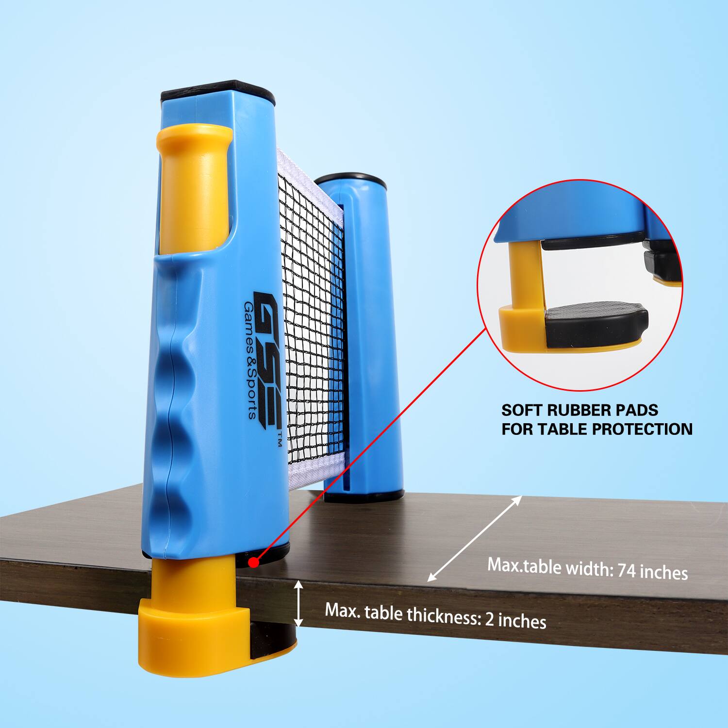 Games & Sports GSE rM SOFT RUBBER PADS FOR TABLE PROTECTION
Max. table width: 74 inches
Max. table thickness: 2 inches