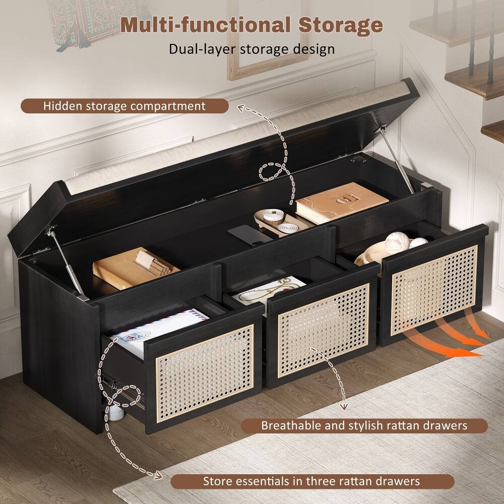 Multi-functional Storage  
Dual-layer storage design  

Hidden storage compartment  

Breathable and stylish rattan drawers  

Store essentials in three rattan drawers