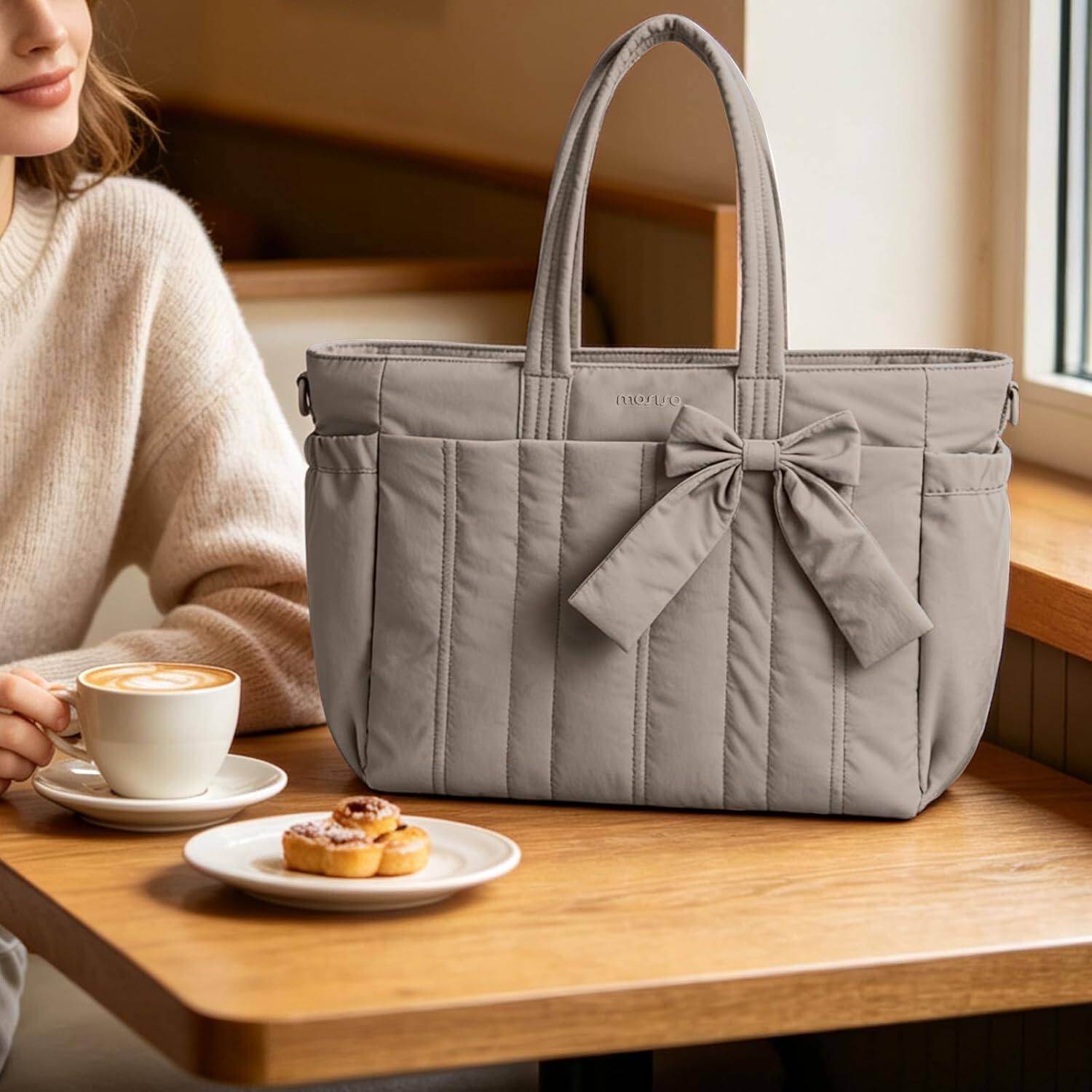 Left. mosiso - Puffer Tote Bag for Women 15-15.6 inch Laptop Bag with Cup Holder Lightweight Shoulder Bag for Travel Work School Gym - Brown.
