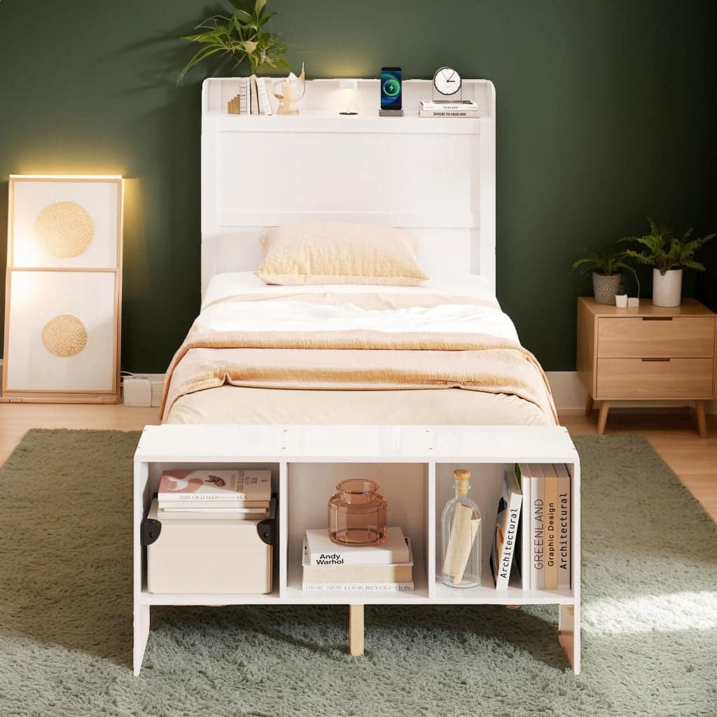 Kadyn - Platform Bed Frame, Bedroom Bed Frame,Twin Size Bed Frame with 2 USB Ports with Storage Headboard and Lights-Twin Size - White