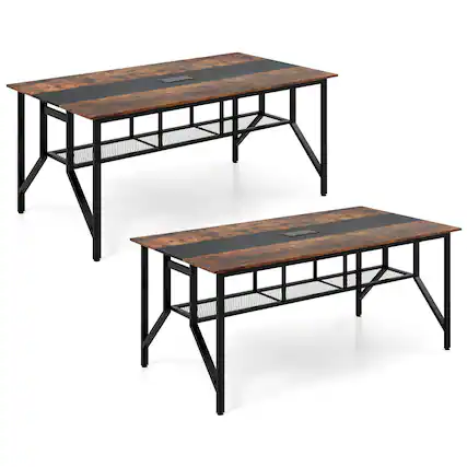 Front. Costway - Costway 2 PCS 6 FT Conference Table with Cable Grommet Storage Shelf for Meeting Room Office - Black,Rustic Brown.