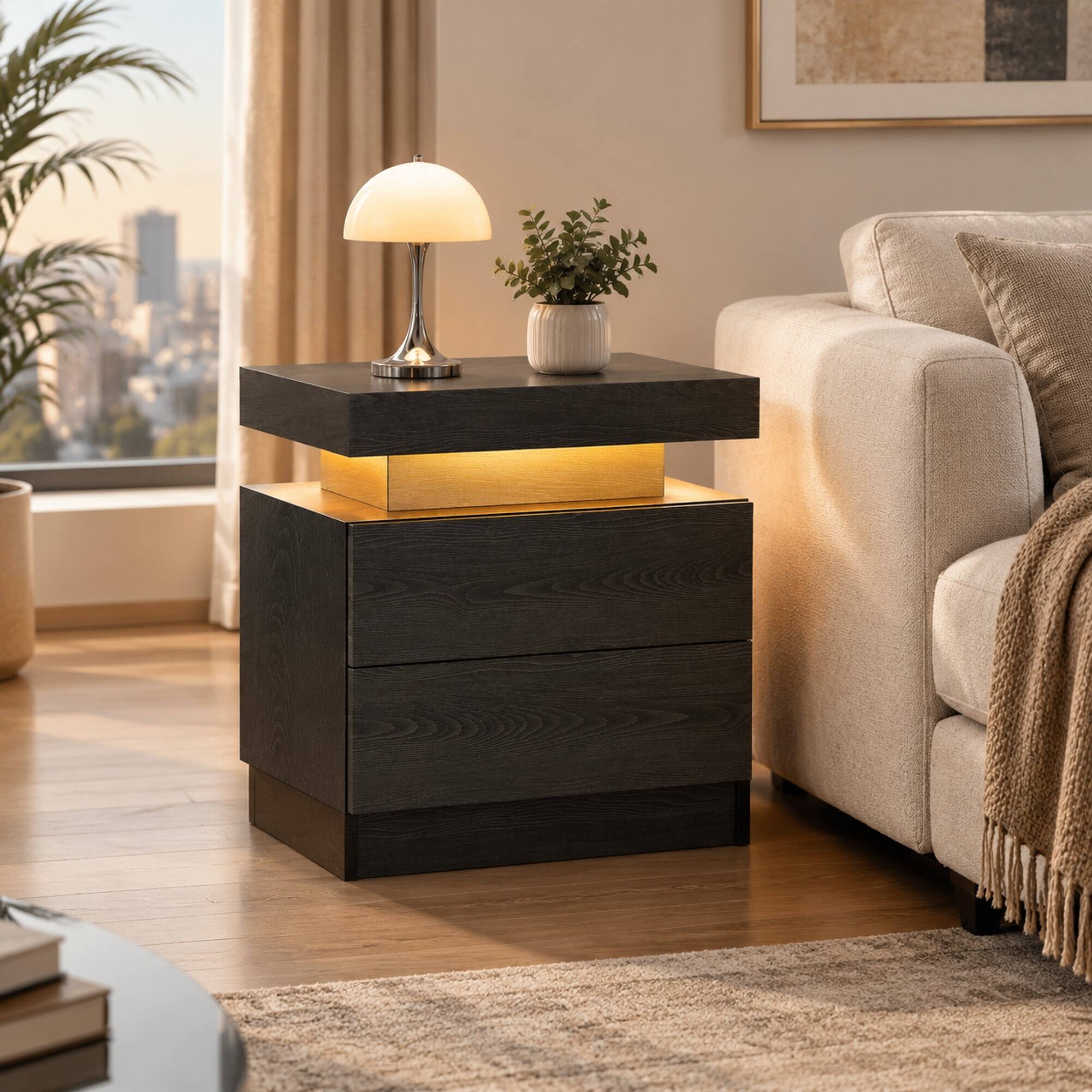 Left. RYHNUYNE - LED Nightstand with 2 Drawers, Black Woodgrain Bedside Table, Modern End Side Table for Bedroom - Black Woodgrain.