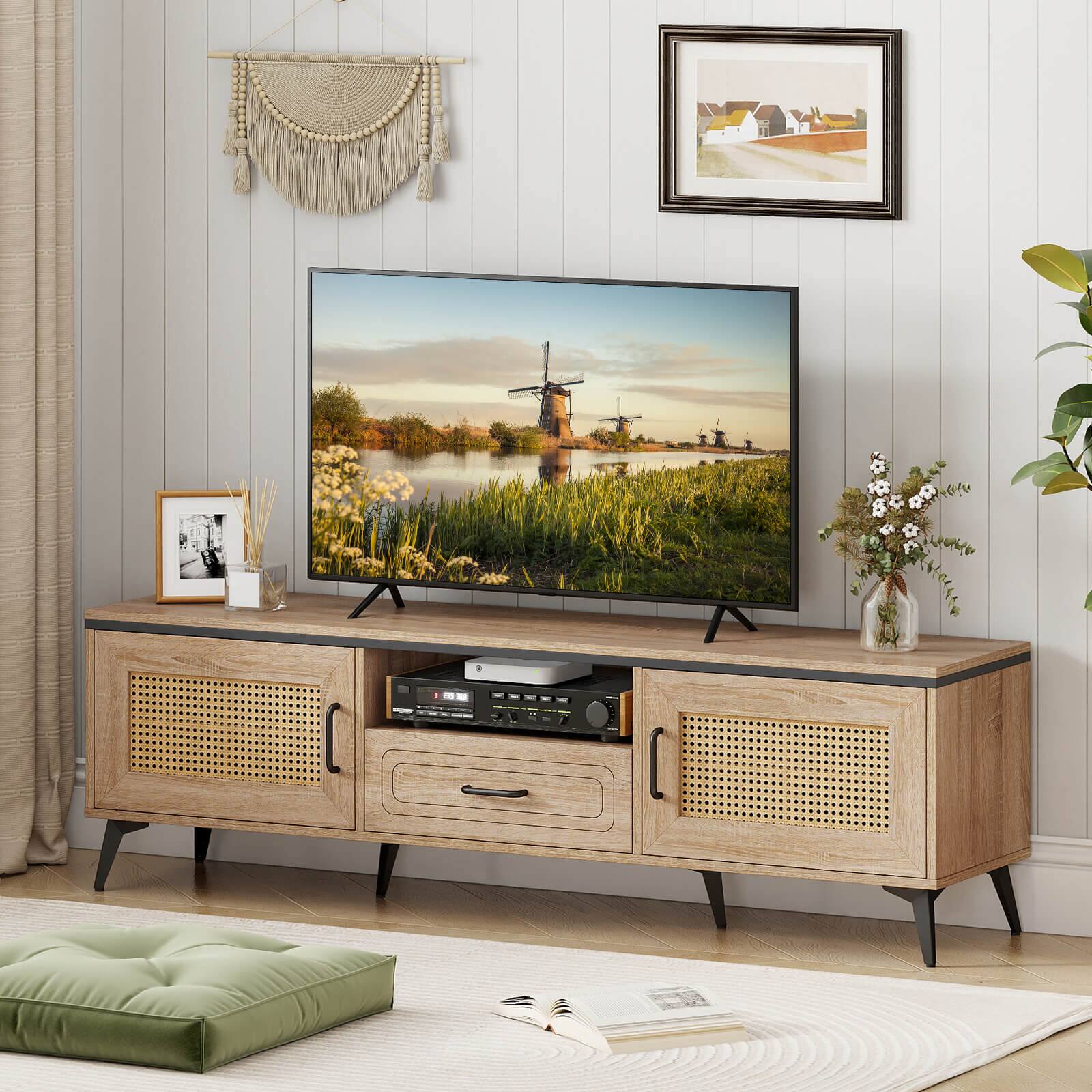 Alt View 3. Costway - Costway Boho TV Stand for 65 Inch TVs Modern Entertainment Center with Drawer 2 Storage - Brown.