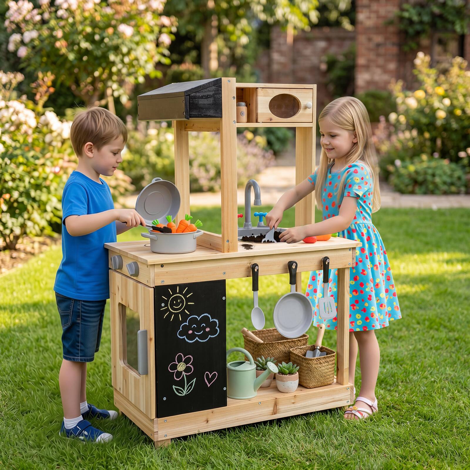Alt View 1. Gymax - Gymax Outdoor Mud Kitchen for Kids Wooden Play Pretend Kitchen w/Stoves Sink Faucet - Yellow.
