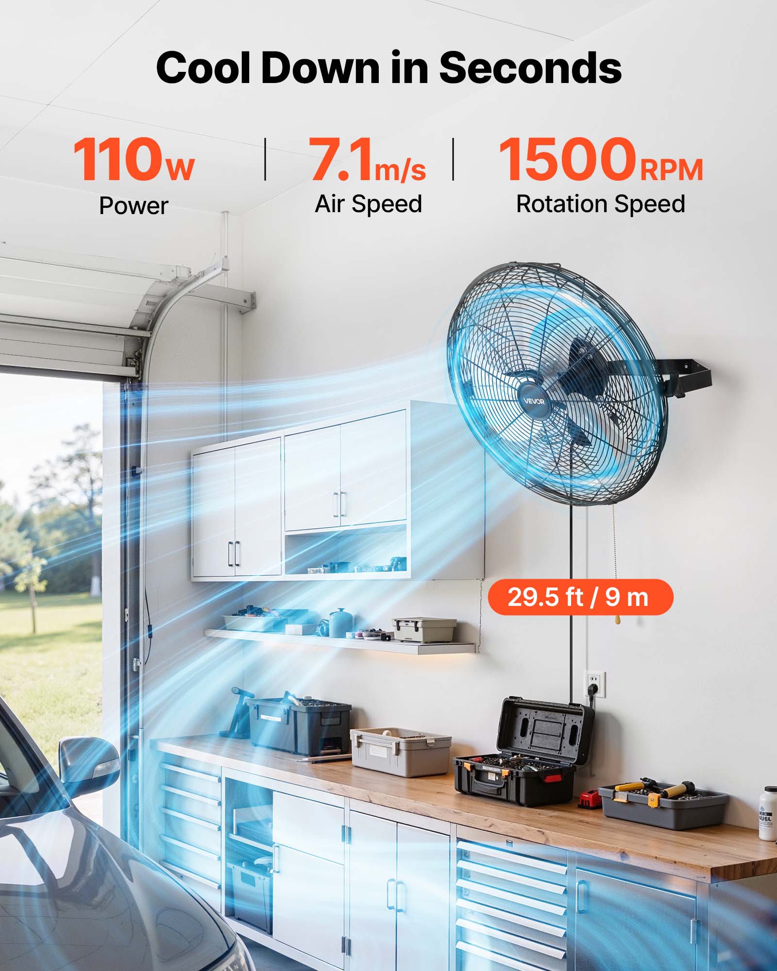 Cool Down in Seconds

110w Power  
7.1m/s Air Speed  
1500 RPM Rotation Speed  

29.5 ft / 9 m