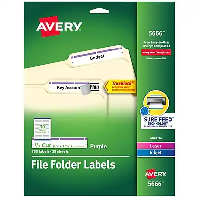 AVERY
5666
Free Easy-to-Use AveryTemplates
avery.com/templates
Budget
Key Account
Plan
TrueBlock
Completely Covers Everything Underneath
SURE FEED
30 Sheets
1/3 Cut (1" x 3")
750 labels - 25 sheets
Acid Free
Laser
Inkjet
File Folder Labels
Purple
AVERY
5666