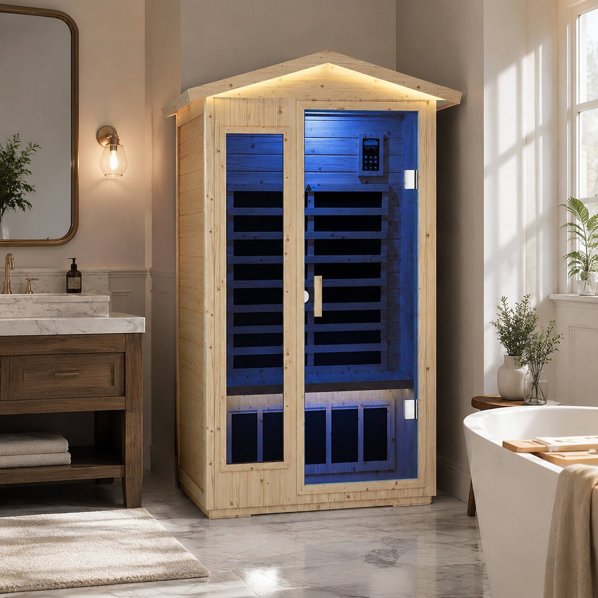 Back. RYHNUYNE - XY-902VY Far Infrared Sauna Room, Norway Spruce Construction, 6 Heating Plates, 1850W, Indoor Outdoor Use - Natural Wood.
