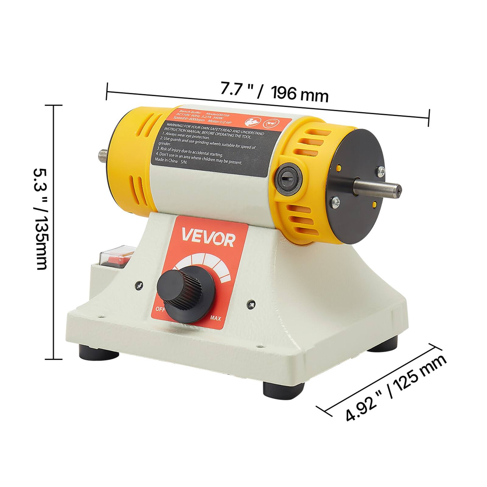 5.3" / 135mm  
7.7" / 196mm  
Bench Sander ACI XV 60Mz Model DR758  
Speed 5.27A 340W 8000 Motor: 1/2H HP  
WARNING! FOR OUR OWN INSTRUCTION MANUAL SAFETY AND Always UNDERSTAND 2. the protection. TOOL ds and 50% grinder. grinding wheels suitable for A Risk of injury speed of 4 due to accidental Don't 50 - in starting. Made 9% where children h China SNE may be present. VEVOR OFF MAX 125 mm " | 4.92