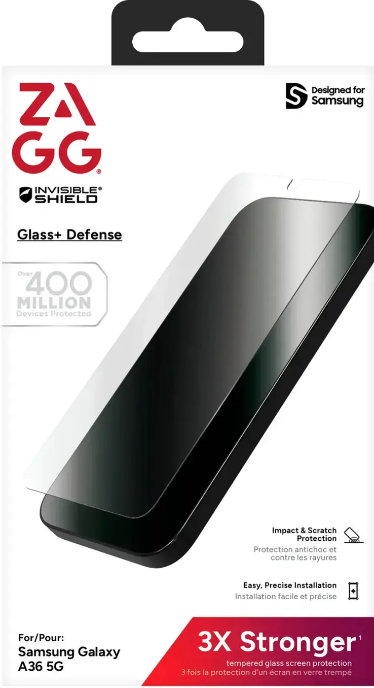 ZAGG. INVISIBLE SHIELD Designed for Samsung Galaxy A36 5G 3X Stronger tempered glass screen protection 3 fois la protection d'un cran en verre tremp Easy, Precise Installation For/Pour: Samsung Galaxy A36 5G Impact & Scratch Protection Protection antichoc et contre les rayures Over 400 MILLION Devices Protected