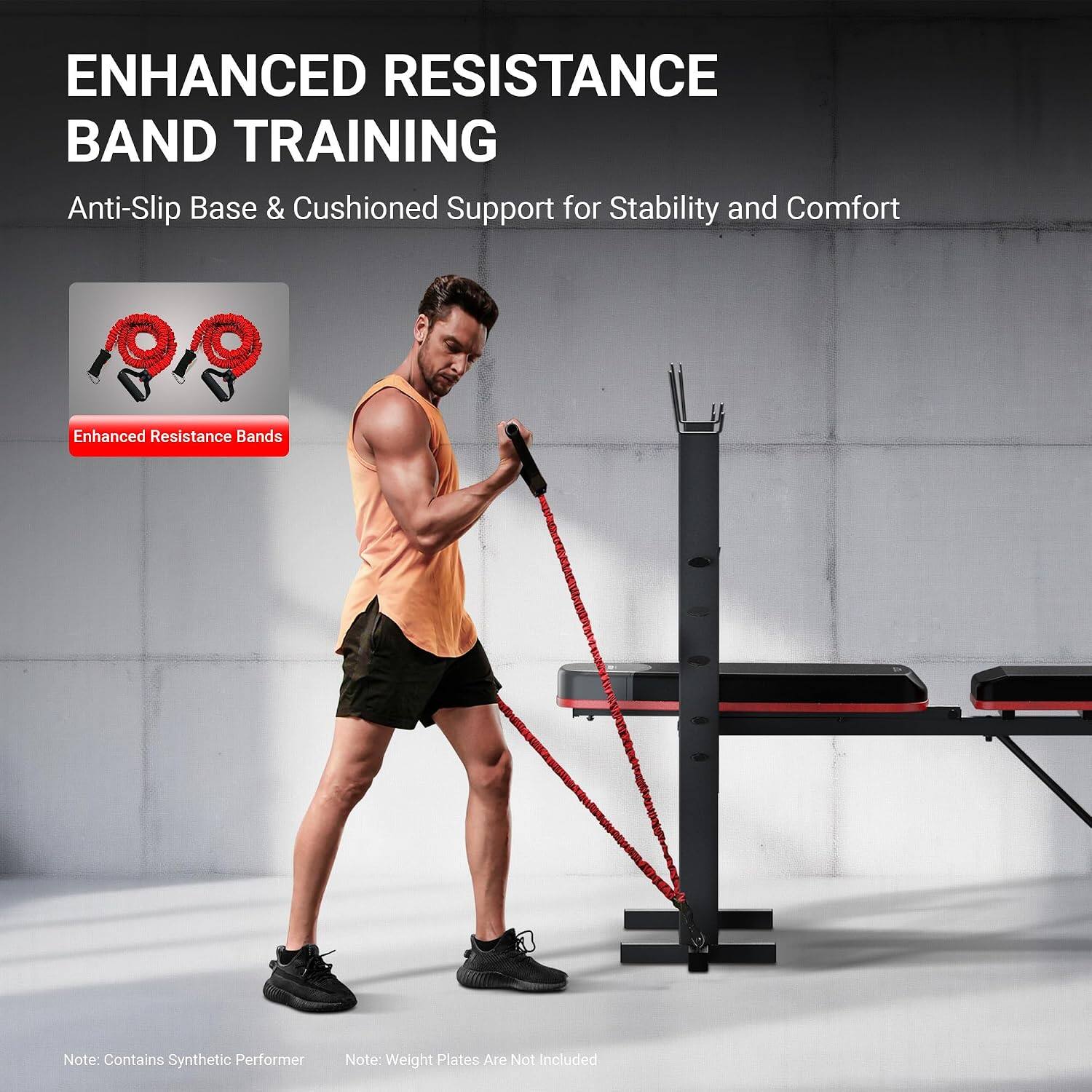 ENHANCED RESISTANCE BAND TRAINING  
Anti-Slip Base & Cushioned Support for Stability and Comfort  

Enhanced Resistance Bands  

Note: Contains Synthetic Performer  
Note: Weight Plates Are Not Included