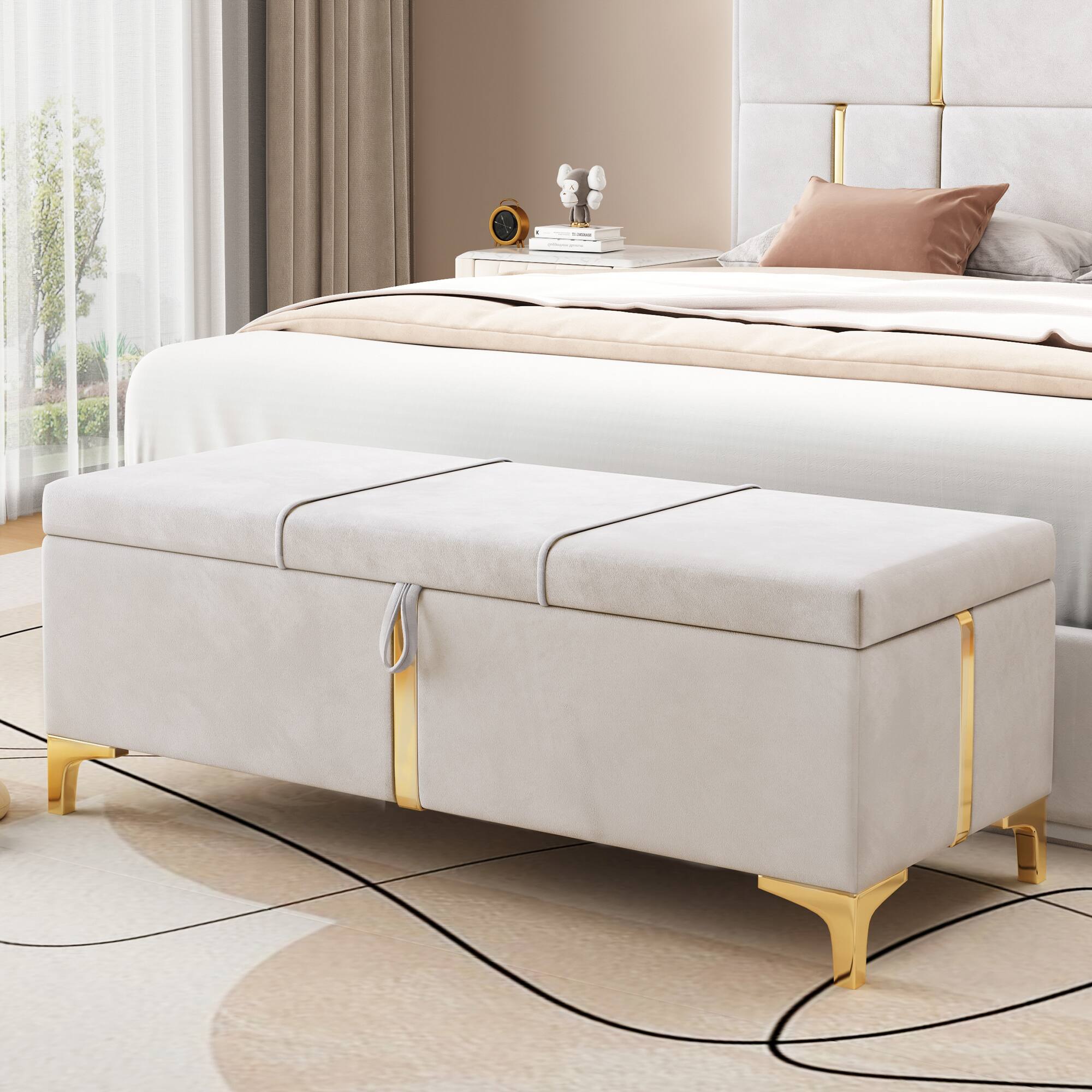 Front. GOODSILO - Elegant Upholstered Storage Ottoman Bench with Metal Legs - Beige.