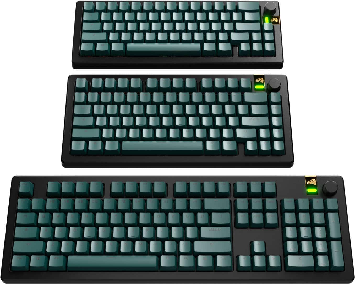 The image shows three green keyboards placed side by side. The first keyboard is located on the left side, the second keyboard is in the middle, and the third keyboard is on the right side. The keyboards are all green and have a similar design, with the same keys and layout. The keyboards are placed on a white background, which highlights their vibrant color.
