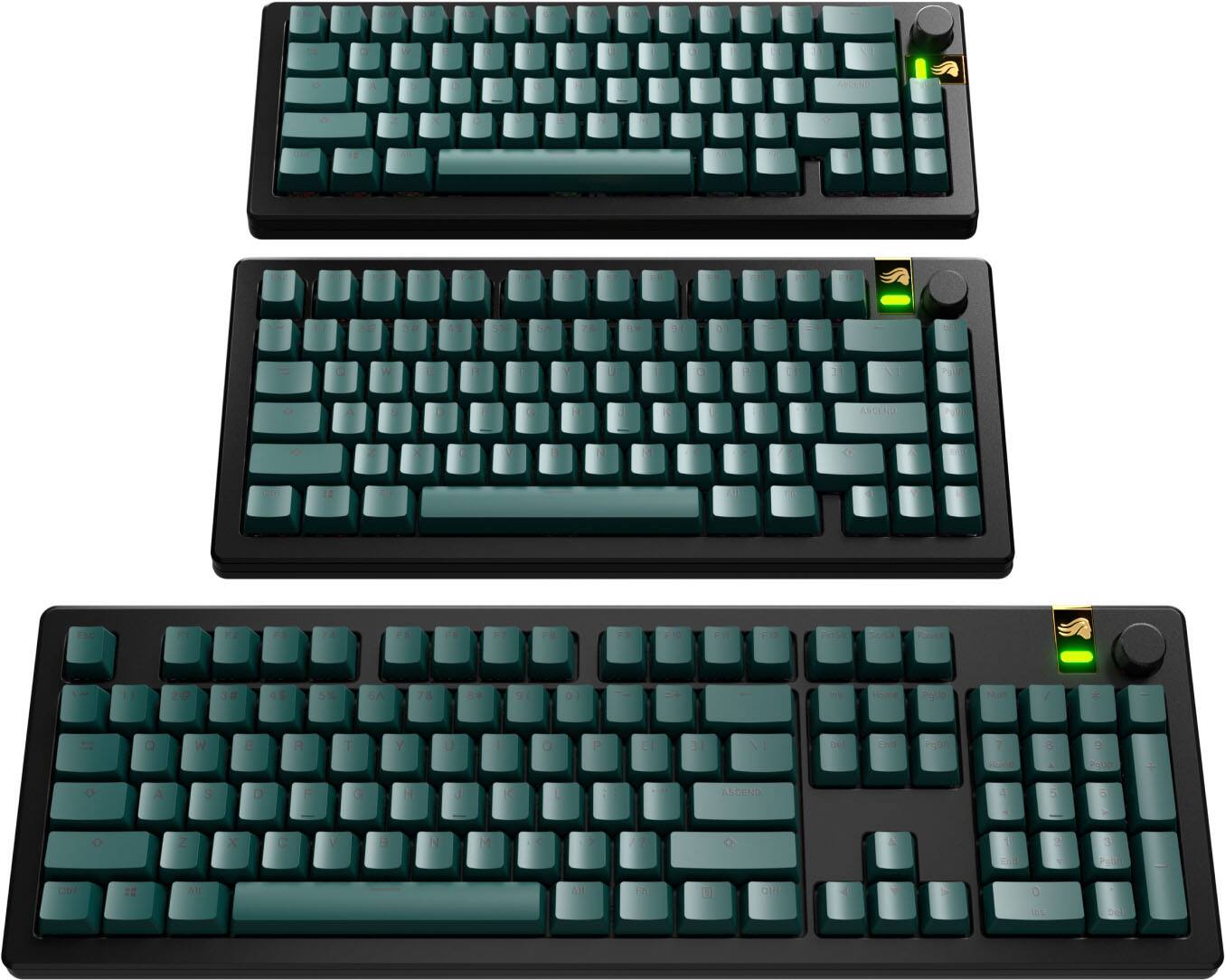 The image shows three green keyboards placed side by side. The first keyboard is located on the left side, the second keyboard is in the middle, and the third keyboard is on the right side. The keyboards are all green and have a similar design, with the same keys and layout. The keyboards are placed on a white background, which highlights their vibrant color.