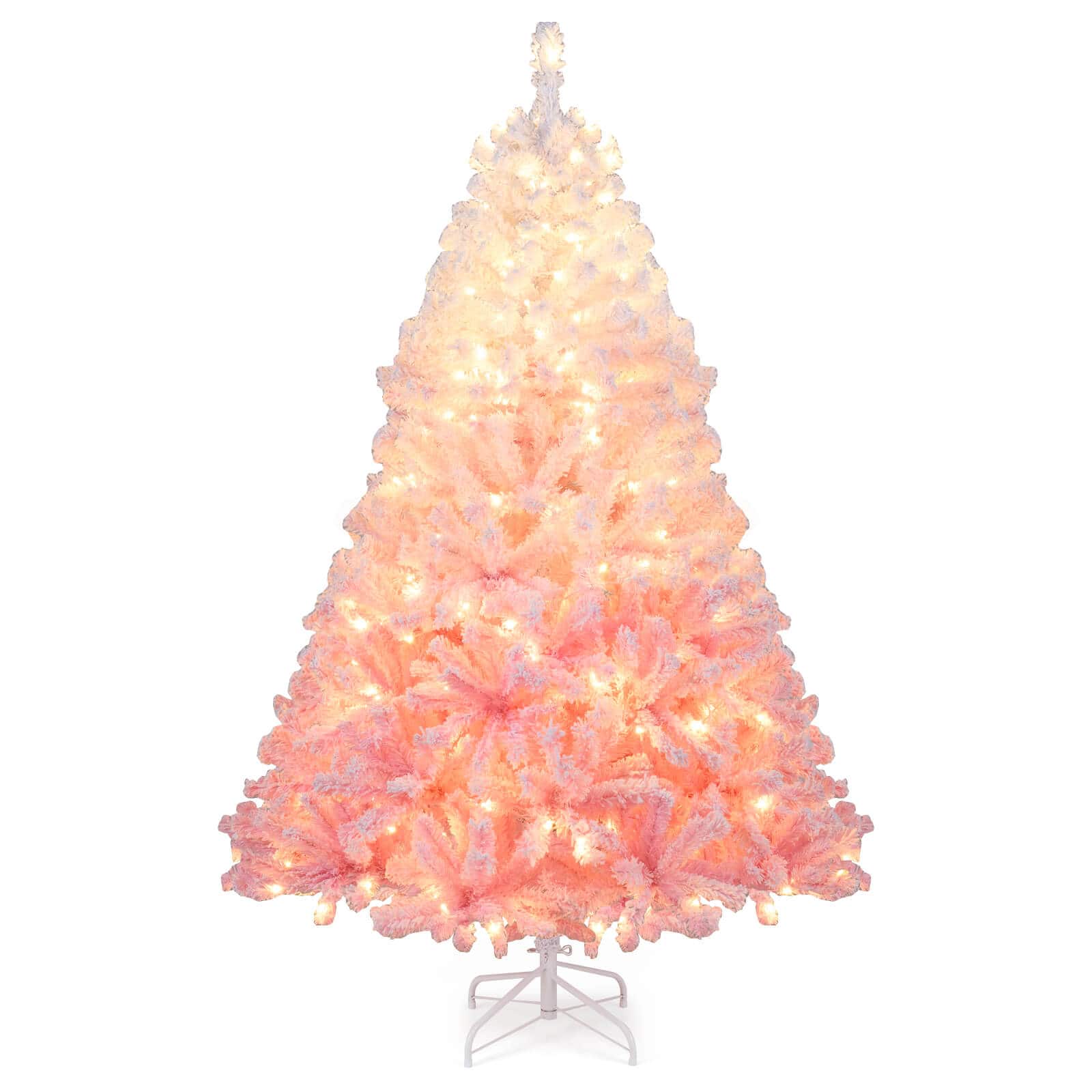 Costway - 6 FT Artificial Christmas Tree with 250 Warm White LED Lights, 8 Lighting Modes & Folding Metal Stand - Pink+White