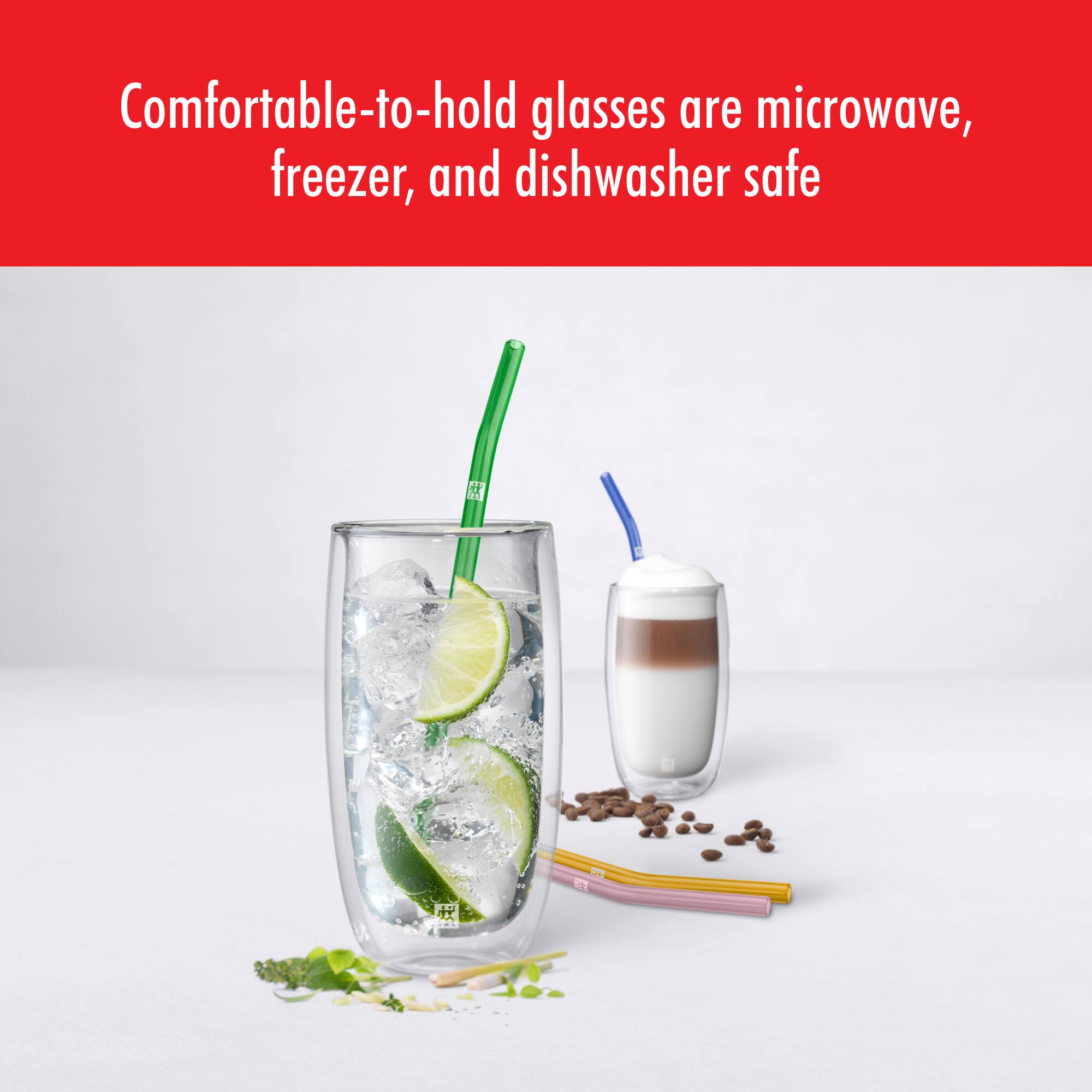 Comfortable-to-hold glasses are microwave, freezer, and dishwasher safe