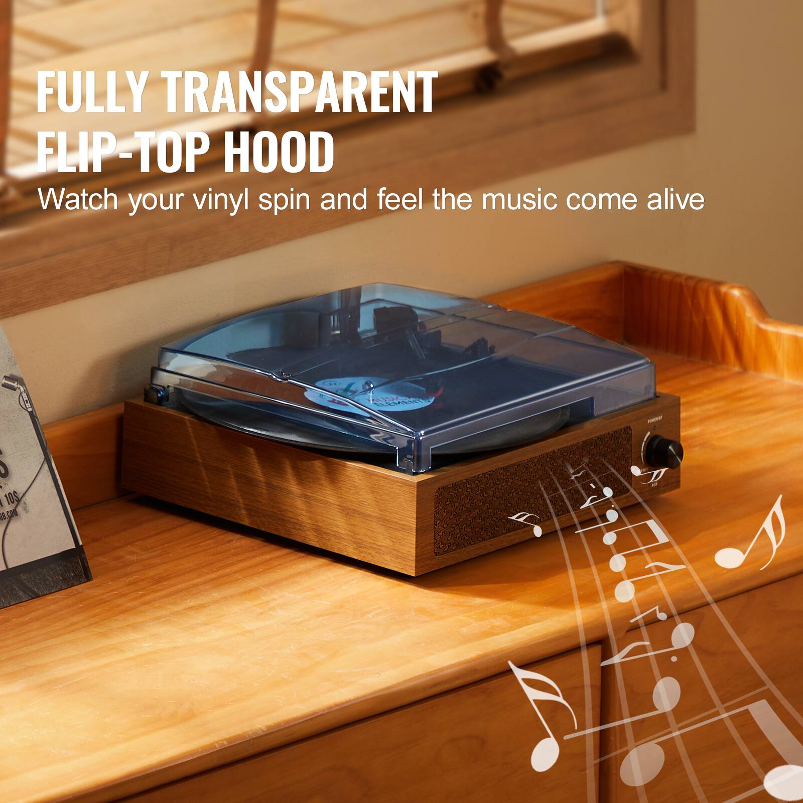 FULLY TRANSPARENT FLIP-TOP HOOD  
Watch your vinyl spin and feel the music come alive