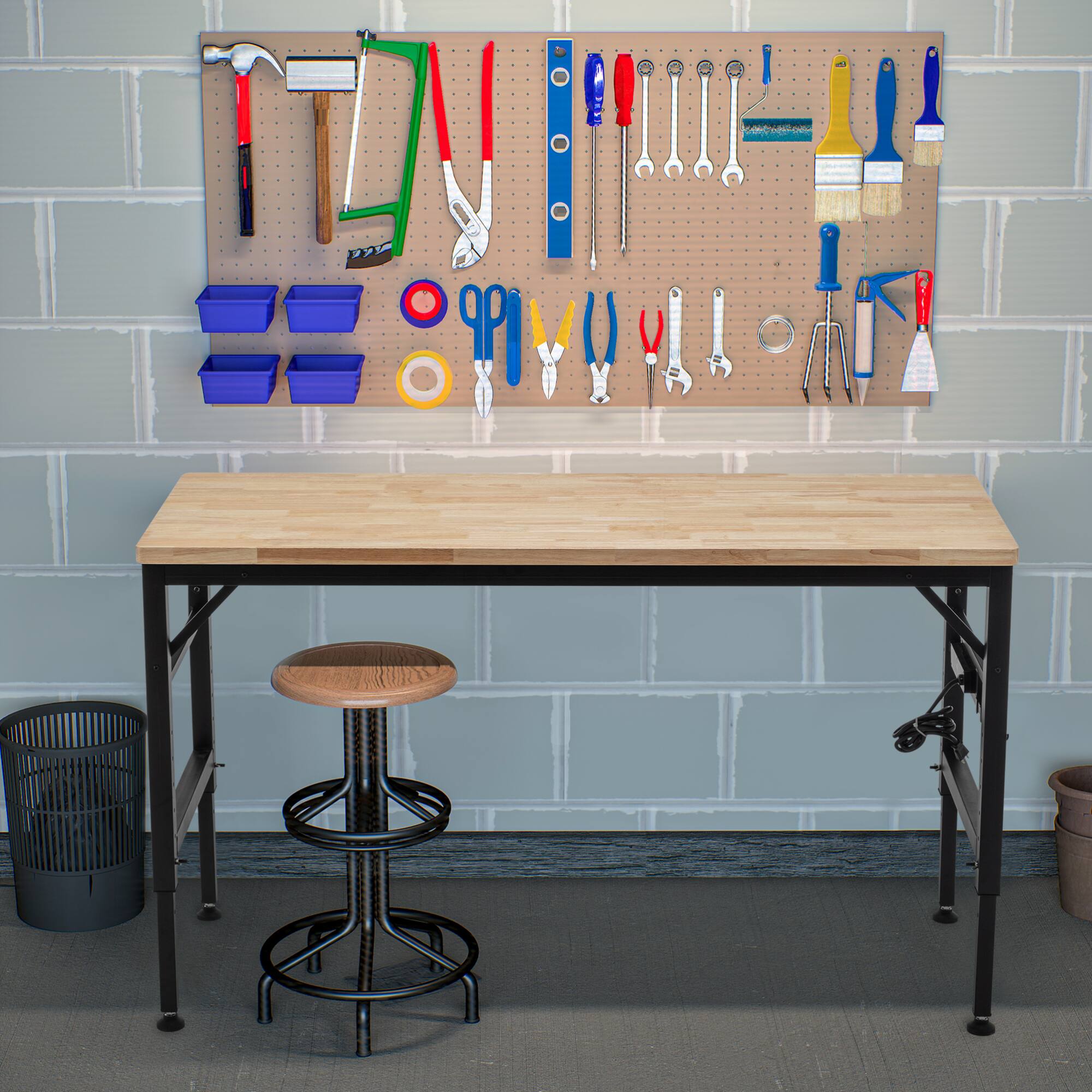 Alt View 5. GOODSILO - 60-Inch Adjustable Height Heavy Duty Workbench with Power Outlets and Solid Wood Top - Black.