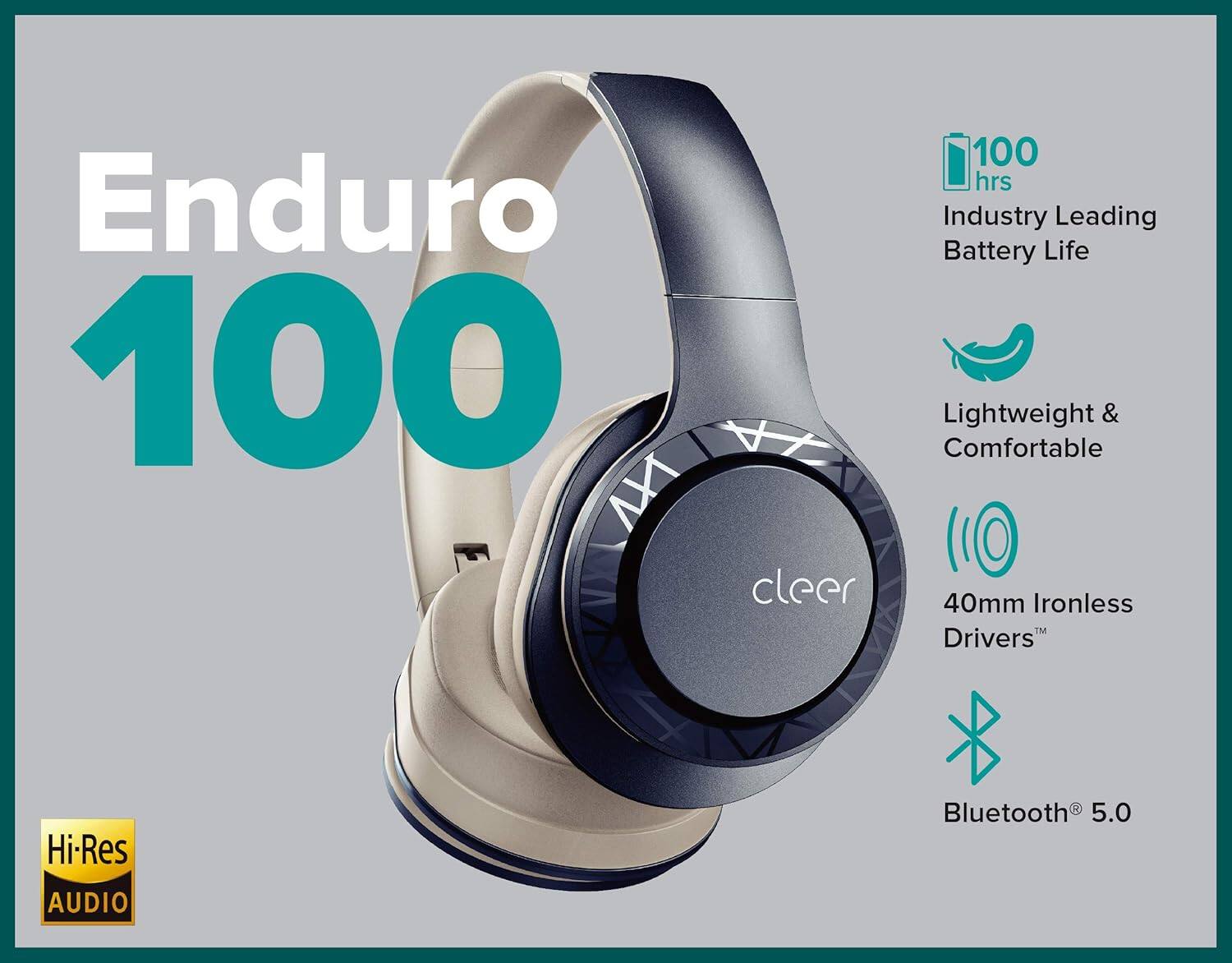 Enduro 100 Industry Leading Battery Life 100 hrs Lightweight & Comfortable cleer 40mm Ironless Drivers Bluetooth 5.0 Hi-Res AUDIO