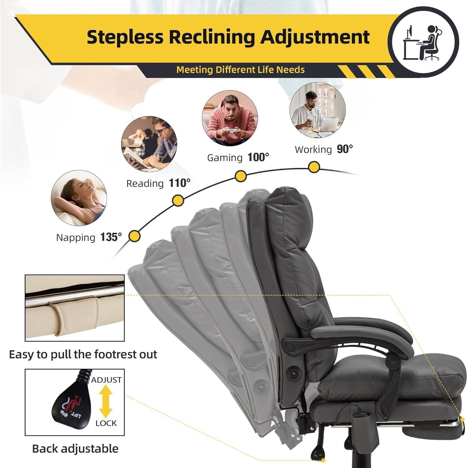 Stepless Reclining Adjustment  
Meeting Different Life Needs  

Gaming 100°  
Working 90°  
Reading 110°  
Napping 135°  

Easy to pull the footrest out  

Back adjustable  

ADJUST  
LOCK