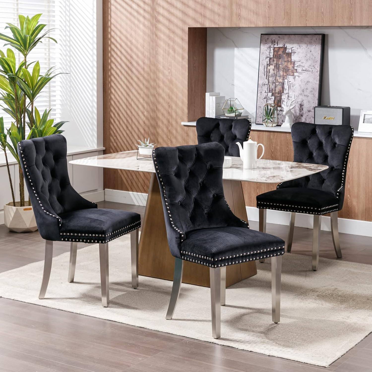 Alt View 2. Trinkets Crazed - Velvet Dining Chair Set of 2 Upholstered Tufted Dining Room Chair with Nailhead Trim - black.