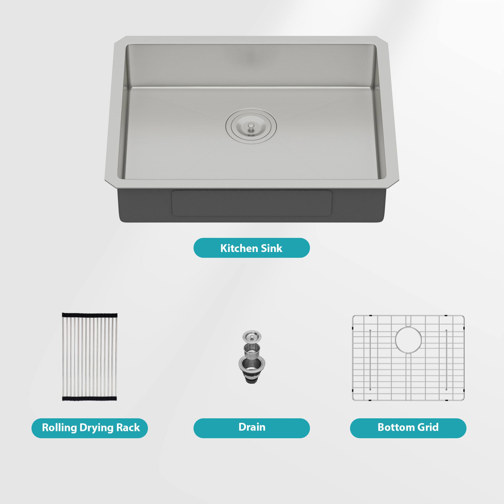 Kitchen Sink  
Rolling Drying Rack  
Drain  
Bottom Grid