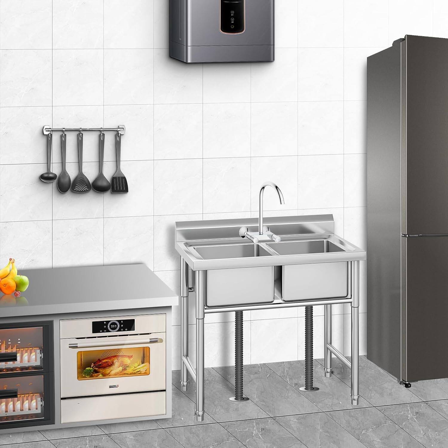 Alt View 2. Acekool - Stainless Steel Utility 2 Sink with Backsplash, Freestanding Commercial Sink for Kitchen & Workshop - Silver.