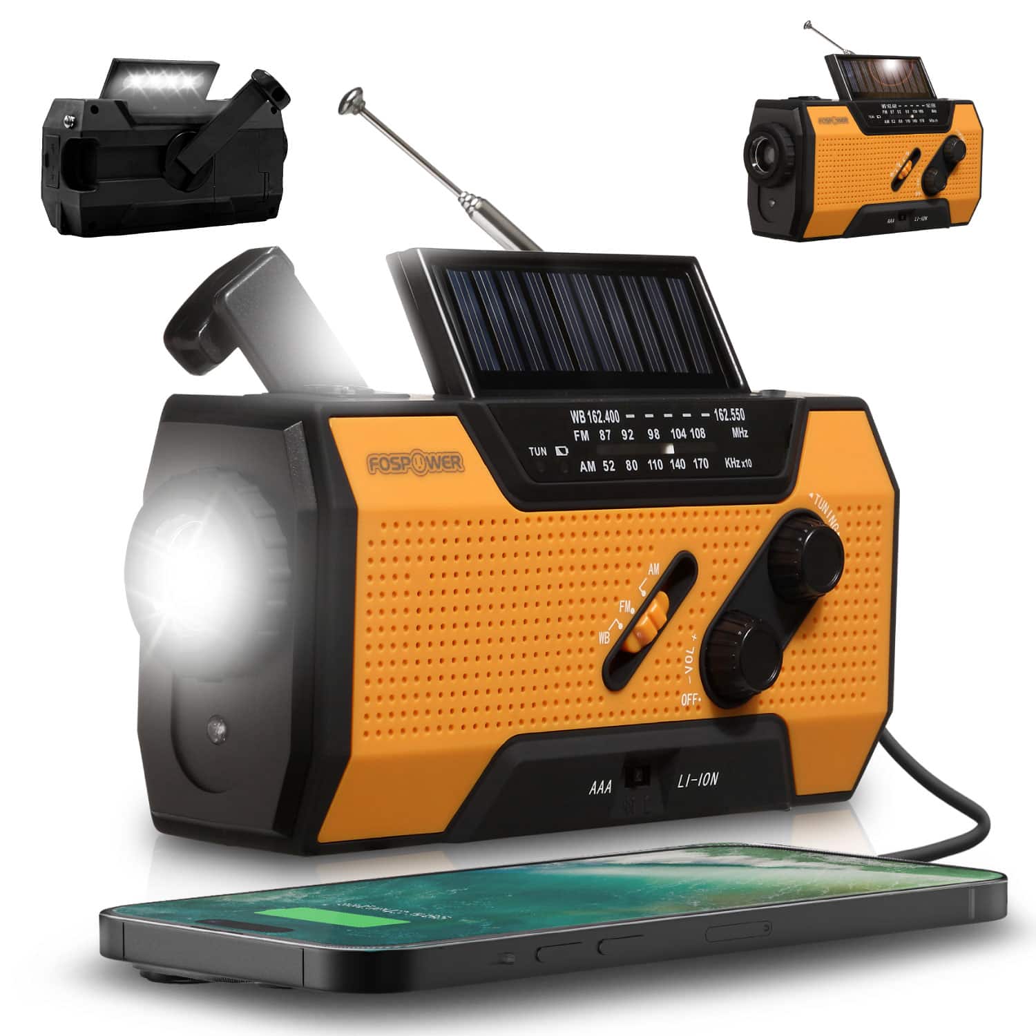 FosPower - Solar Hand Crank Emergency Radio with Flashlight Cell Phone Charger, AM/FM/NOAA Weather Radio Power Bank, IPX3 SOS Alarm - Orange