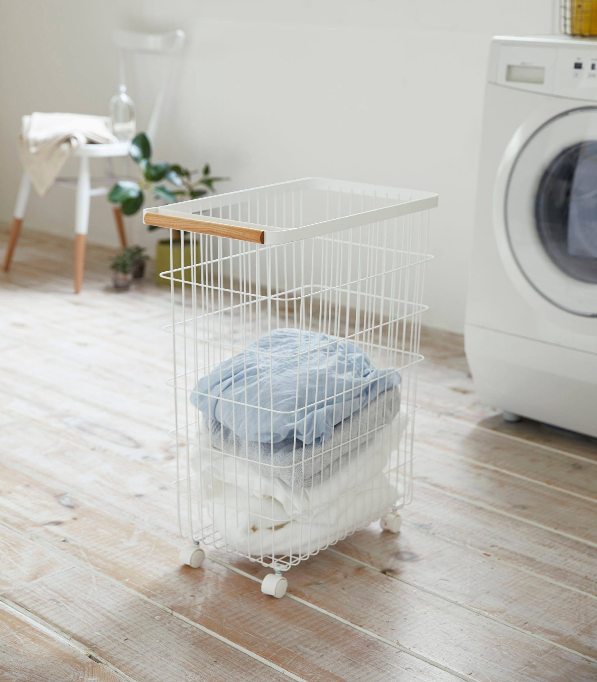 Alt View 1. Yamazaki Home - Rolling Wire Basket (24" H)  - Steel + Wood - White.