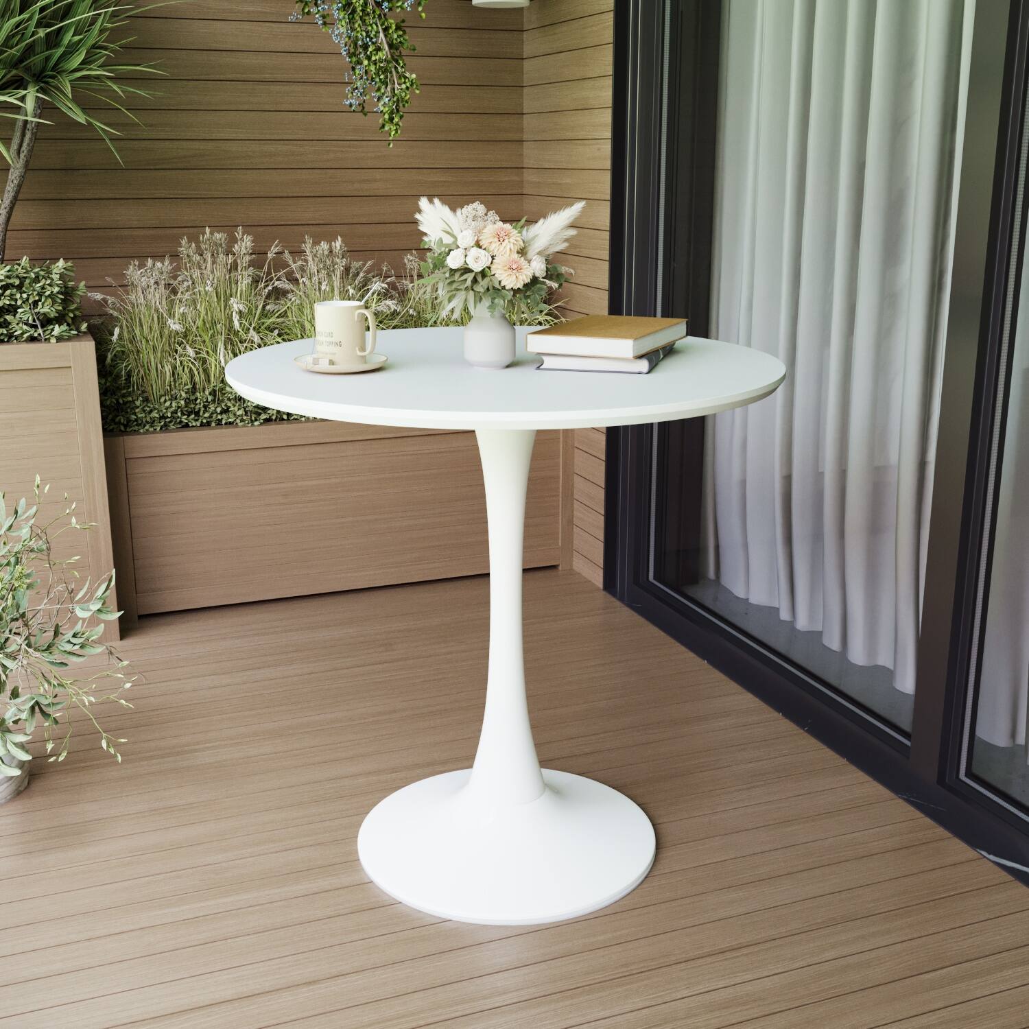 Left. Tiramisubest - 31.5" White Round Dining Table for 2-4 with MDF Table Top & Pedestal Base,Mid-Century End Table Leisure Coffee Table - White.