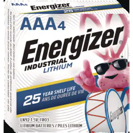 AAA Energizer
AAA4
Energizer
INDUSTRIAL LITHIUM
25 YEAR SHELF LIFE
25 ANS DE DURÉE DE VIE
LN92 1.5V FRO3
LITHIUM BATTERIES / PILES LITHIUM