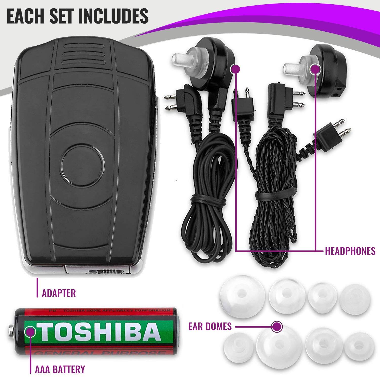 EACH SET INCLUDES

- ADAPTER
- HEADPHONES
- EAR DOMES
- AAA BATTERY

TOSHIBA GENERAL PURPOSE AAA BATTERY