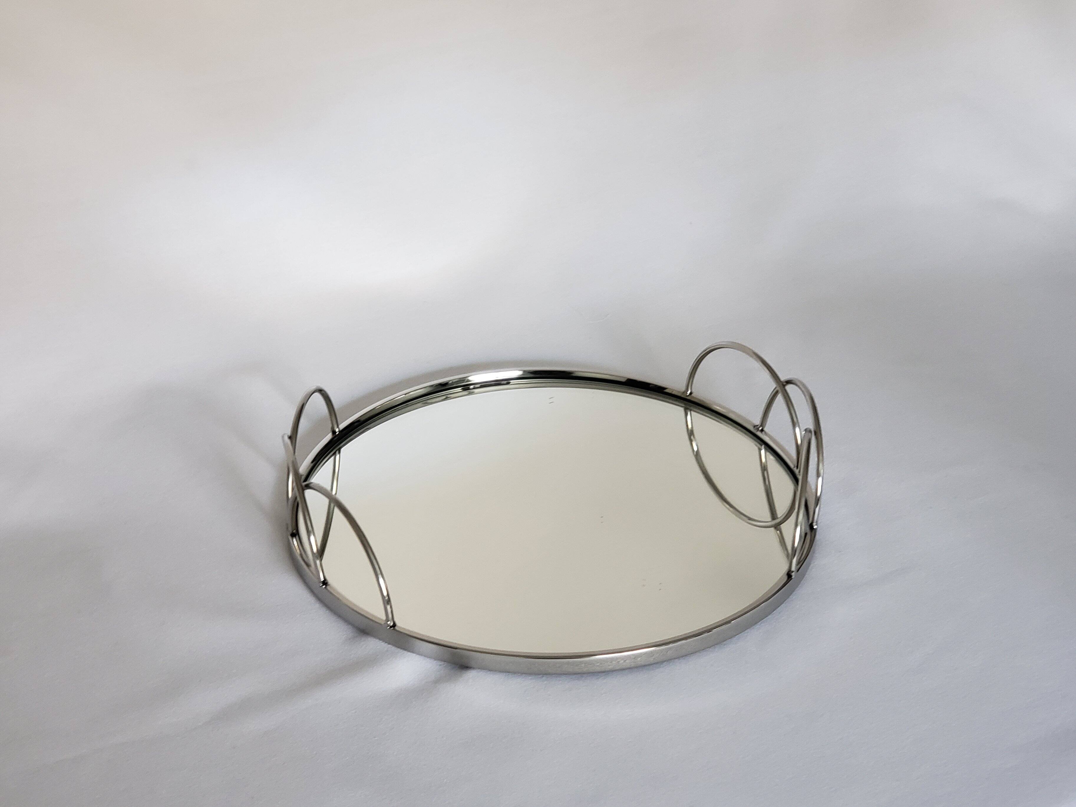 Left. Jiallo - Silver Stainless Steel Round vanity tray with mirror 13" - Silver.