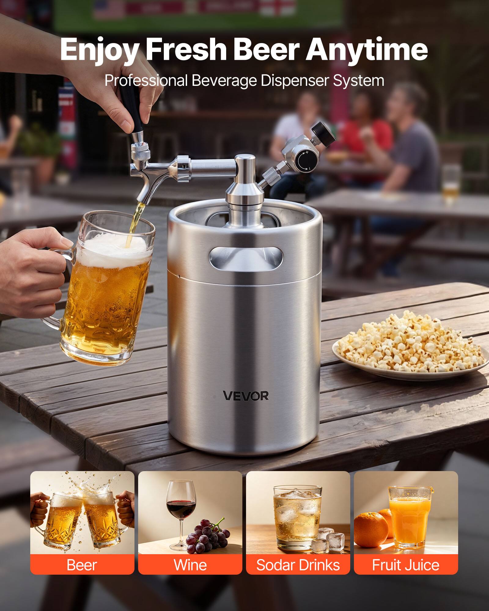 Enjoy Fresh Beer Anytime  
Professional Beverage Dispenser System  
VEVOR  

Beer  
Wine  
Soda Drinks  
Fruit Juice