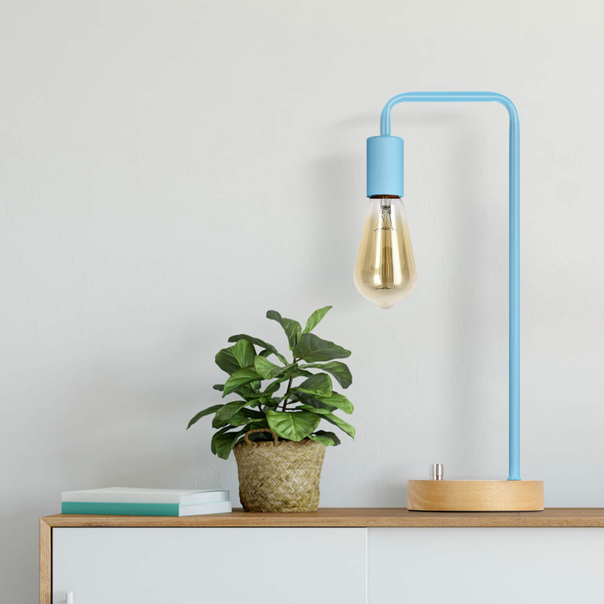 Oumilen - Industrial Table Lamp Blue Desk Lamps Wooden Night Light for Girls Room Bedroom