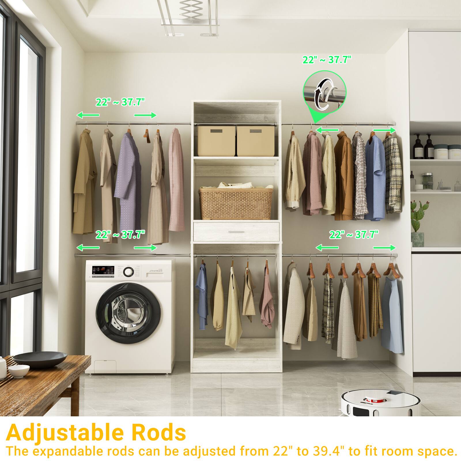 22" ~ 37.7"  
22" ~ 37.7"  
22" ~ 37.7"  
22" ~ 37.7"  

Adjustable Rods  
The expandable rods can be adjusted from 22" to 39.4" to fit room space.