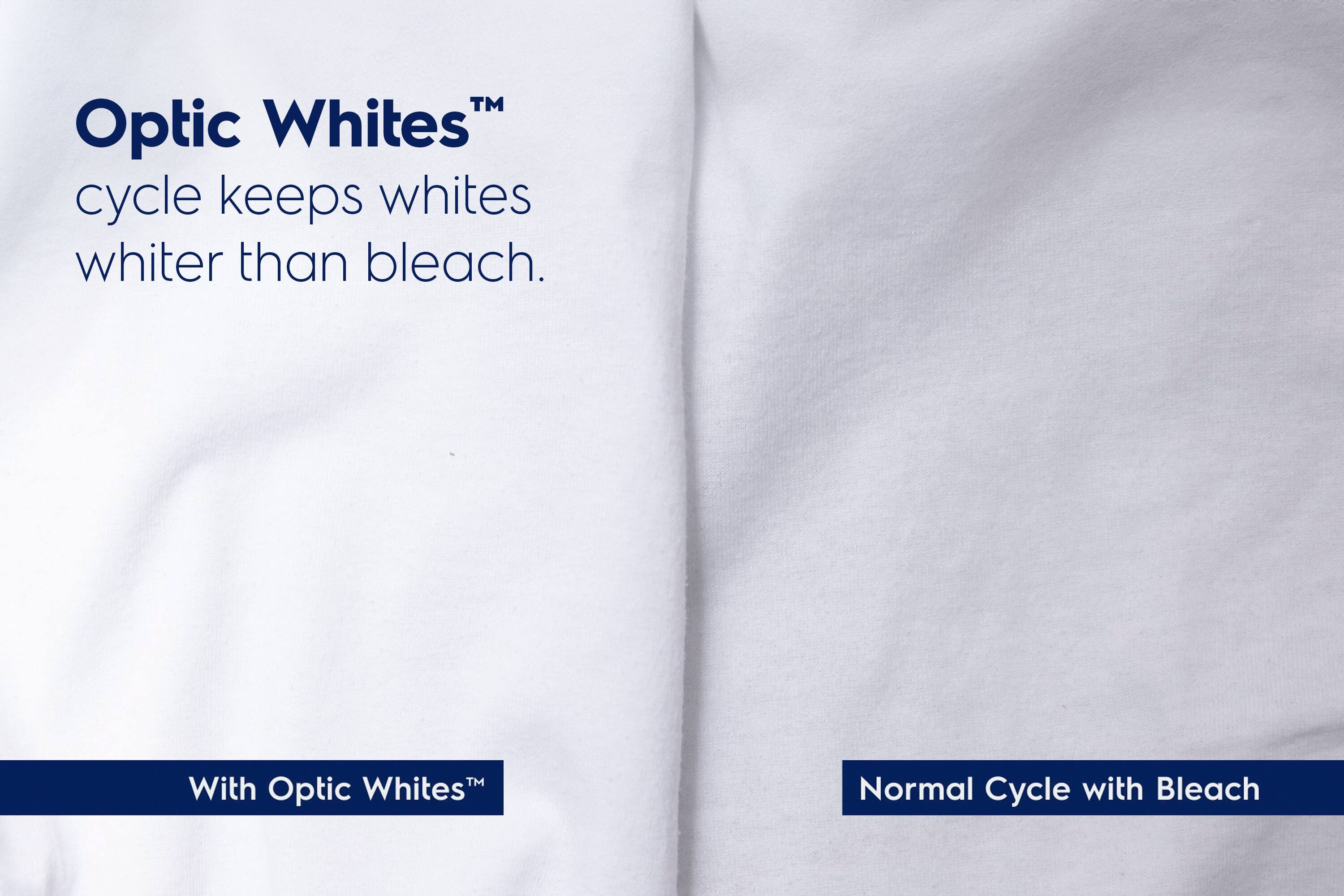 Optic WhitesTM cycle keeps whites whiter than bleach.TM With Optic WhitesTM Normal Cycle with Bleach.