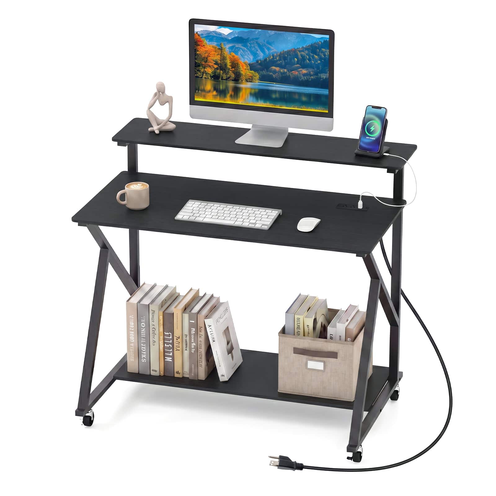 Costway - Rolling Computer Desk with Charging Station Monitor Stand Storage Shelf for Writing - Black