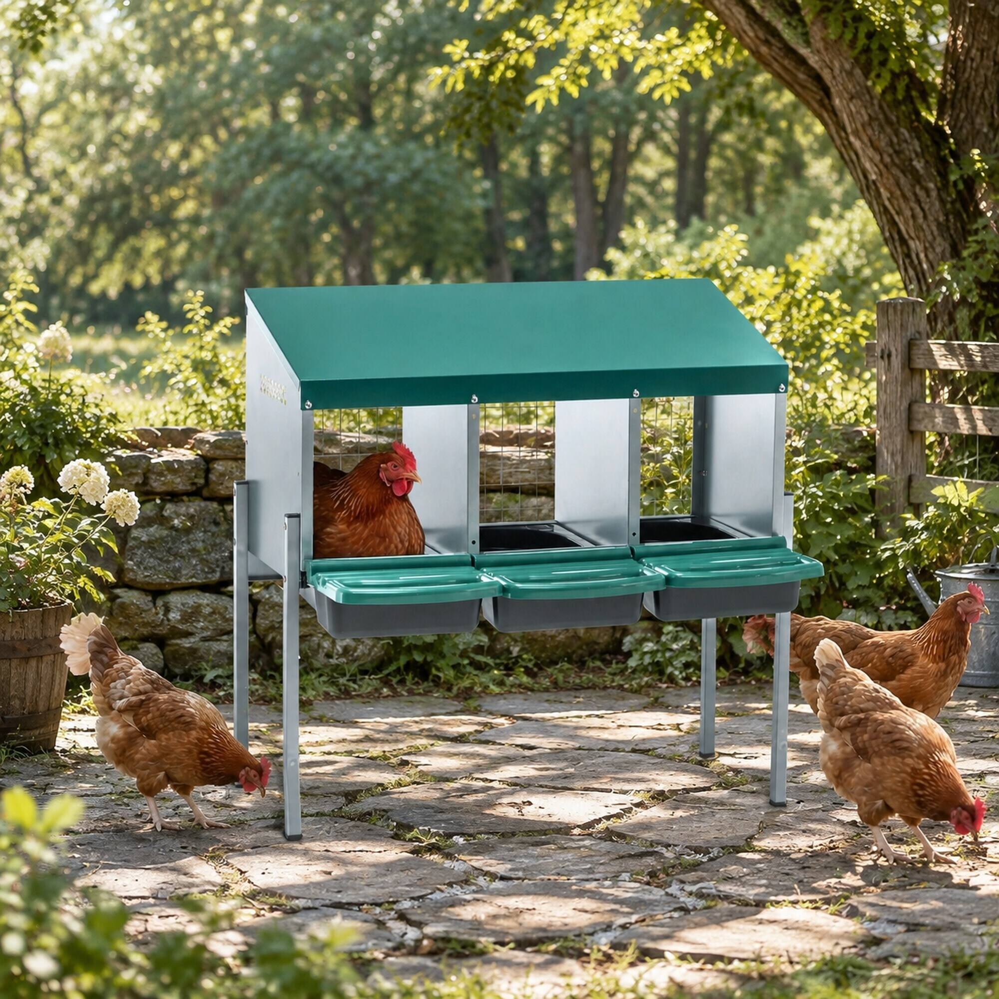 Angle. RYHNUYNE - Chicken Nesting Boxes, 3 Compartment Laying Box, Galvanized Steel Frame, Roll-Away Egg Trays, Green.
